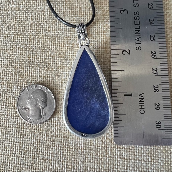 New Faceted Blue Enhanced Sapphire Stone Silver Overlay Pendant Necklace w Cord - Picture 7 of 8